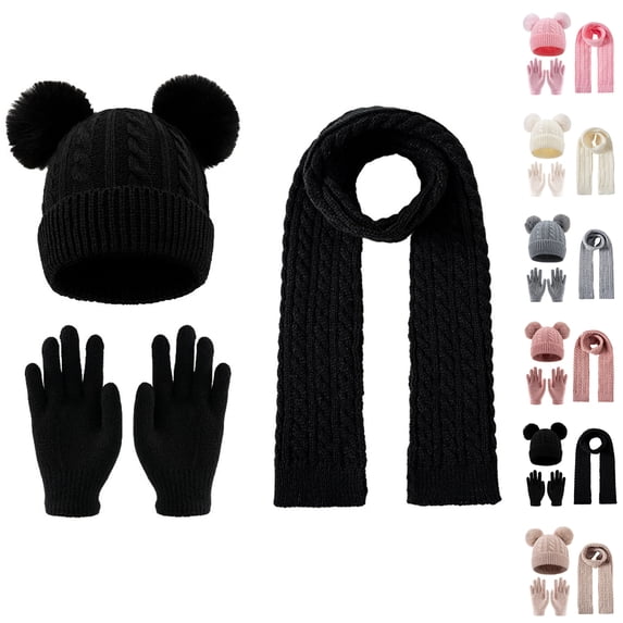 Nugftut Hat Glove Scarves Set for Girl, Double Pom Pom Kids Winter Outdoor Snow 3-Piece Knit Warm Set
