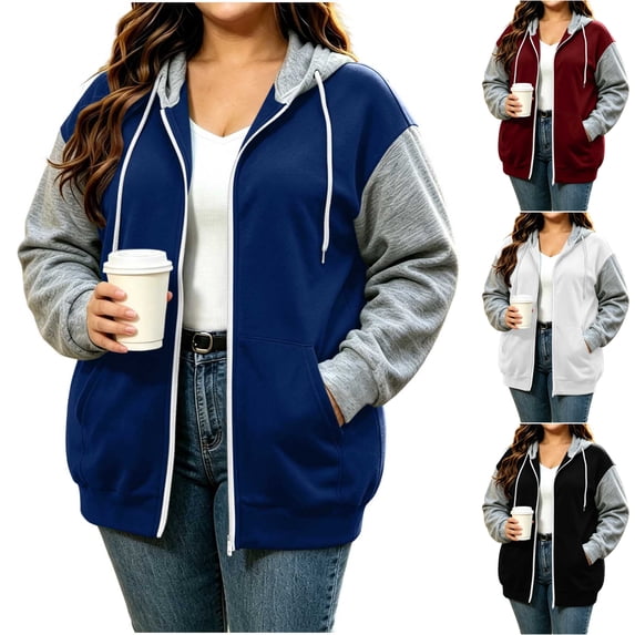 Nugftut Hoodies for Women Plus Size Color Block Raglan Sleeve Pockets Zip Hooded Sweatshirts