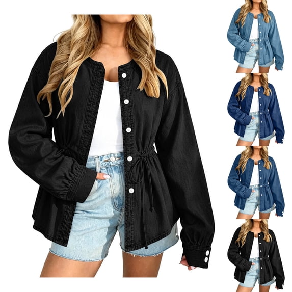 Nugftut Jean Jacket Women Button Down Long Sleeve Collarless Cinched Waist Denim Jackets
