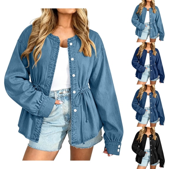 Nugftut Jean Jacket Women Button Down Long Sleeve Collarless Cinched Waist Denim Jackets