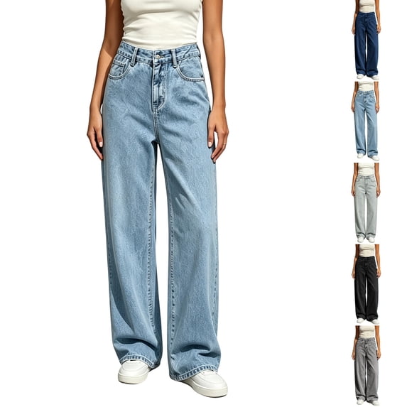 Nugftut Jeans for Women High Waist Draped Loose Wide Leg Jean Pants with Pockets Button Denim Pnats