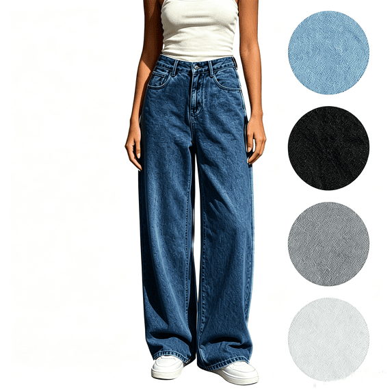Nugftut Jeans for Women High Waist Draped Loose Wide Leg Jean Pants with Pockets Button Denim Pnats