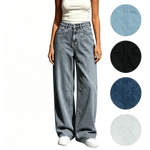 Nugftut Jeans for Women High Waist Draped Loose Wide Leg Jean Pants with Pockets Button Denim Pnats
