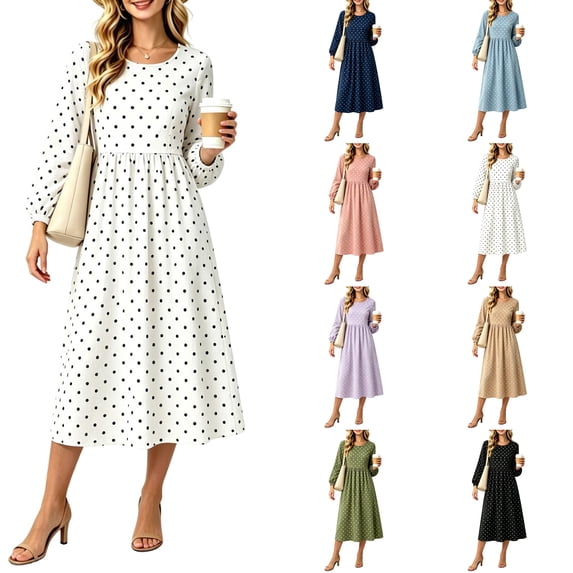 Nugftut Long Sleeve Midi Dresses for Women Polka Dot Crew Neck Casual Dress Cozy Autumn Daily Wear