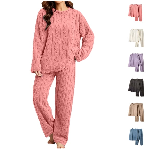Nugftut Pajama Sets for Women Soft Comfy Fluffy Pajamas Fleece Pullover Ribbed Pjs Warm Plush Lounge Sleepwear 2 Piece