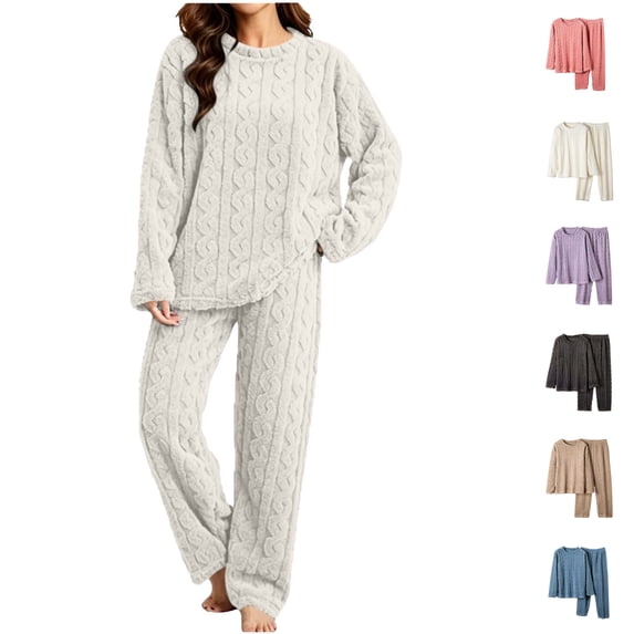 Nugftut Pajama Sets for Women Soft Comfy Fluffy Pajamas Fleece Pullover Ribbed Pjs Warm Plush Lounge Sleepwear 2 Piece
