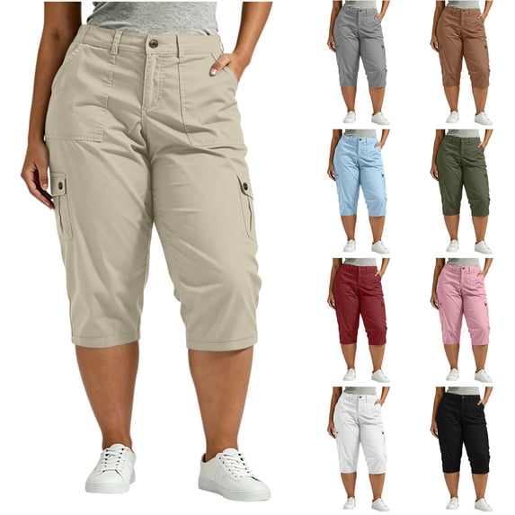 Nugftut Plus Size Capris for Women, Casual Workwear Cargo Capri Pants with Pockets, Hiking Work