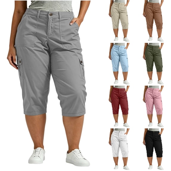 Nugftut Plus Size Capris for Women, Casual Workwear Cargo Capri Pants with Pockets, Hiking Work