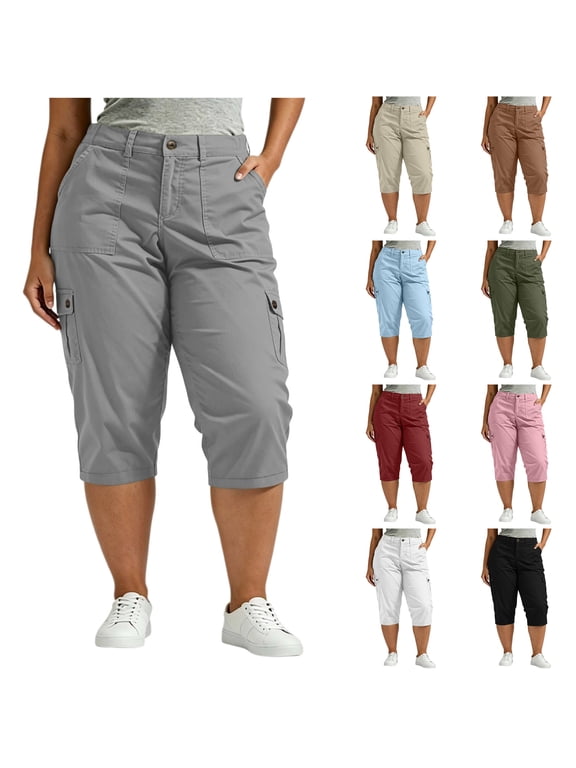 Plus Size Capris for Women, Casual Workwear Cargo Capri Pants with Pockets, Hiking Work
