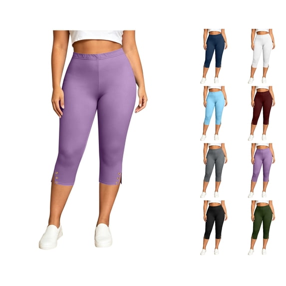 Nugftut Plus Size Capris for Women, Elastic High Waist Side Slit Yoga Pants Solid Color Capri Leggings