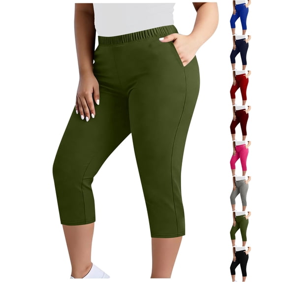Nugftut Plus Size Capris for Women, Solid Color Yoga Pants with Pockets Elastic Waist Capri Leggings