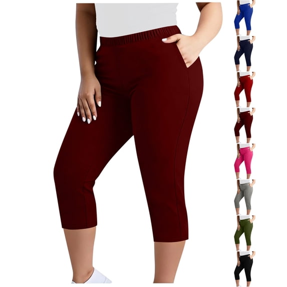 Nugftut Plus Size Capris for Women, Solid Color Yoga Pants with Pockets Elastic Waist Capri Leggings
