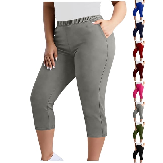 Nugftut Plus Size Capris for Women, Solid Color Yoga Pants with Pockets Elastic Waist Capri Leggings