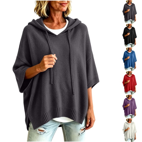 Nugftut Plus Size Hooded Sweaters for Women Poncho 3/4 Batwing Sleeve Loose Knitted Hoodie Pullover Sweaters