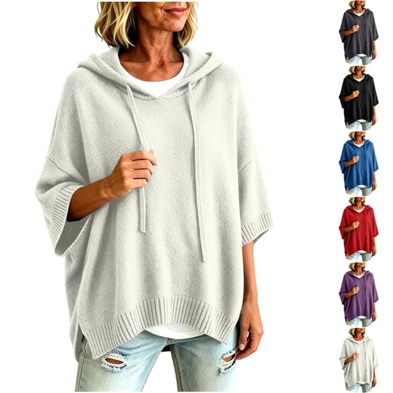 Nugftut Plus Size Hooded Sweaters for Women Poncho 3/4 Batwing Sleeve Loose Knitted Hoodie Pullover Sweaters