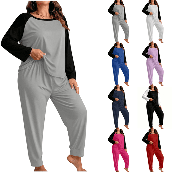 Nugftut Plus Size Pajama Sets for Women 2 Piece Color Block Long Sleeve Top with Jogger Pants Soft Loungewear