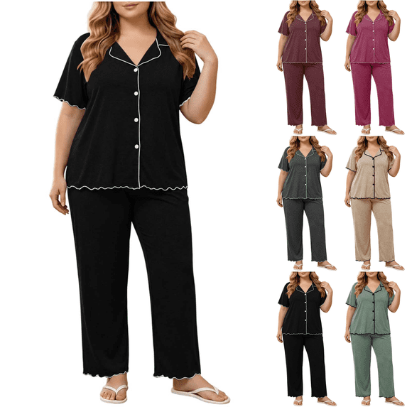 Nugftut Plus Size Pajama Sets for Women 2 Piece Short Sleeve Button Down Tops and Long Pants Outfit Soft Loungewear
