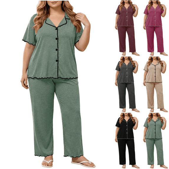 Nugftut Plus Size Pajama Sets for Women 2 Piece Short Sleeve Button Down Tops and Long Pants Outfit Soft Loungewear