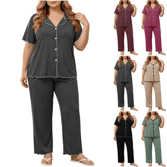 Nugftut Plus Size Pajama Sets for Women 2 Piece Short Sleeve Button Down Tops and Long Pants Outfit Soft Loungewear