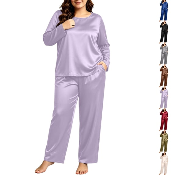 Nugftut Plus Size Pajama Sets for Women Satin Long Loungewear Two-Piece Fall Classic Sleepwear XL-5XL