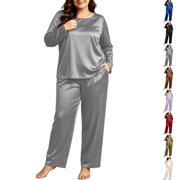 Nugftut Plus Size Pajama Sets for Women Satin Long Loungewear Two-Piece Fall Classic Sleepwear XL-5XL