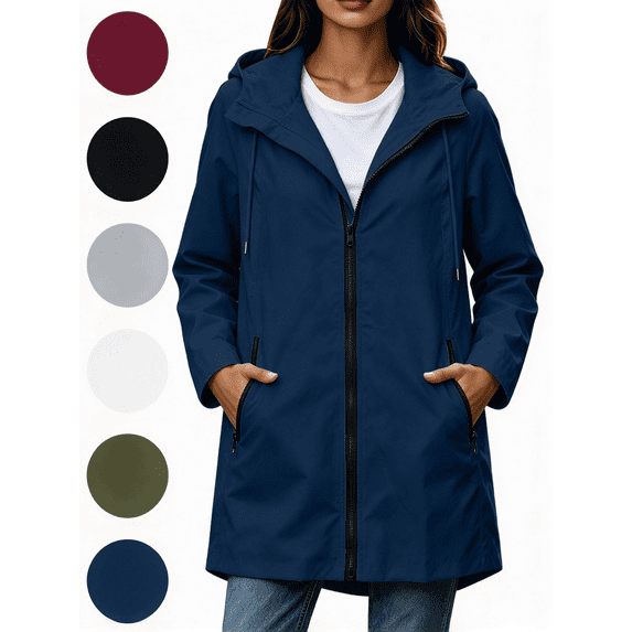 Nugftut Rain Jackets for Women Hooded Pockets Full ZipWaterproof Windbreaker Lightweight Rain Jackets,L