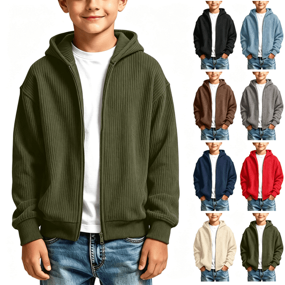 Nugftut Sweatshirts for Boys Corduroy Full-Zip Hooded Long Sleeve Sweatshirts Size 5-6 Army Green