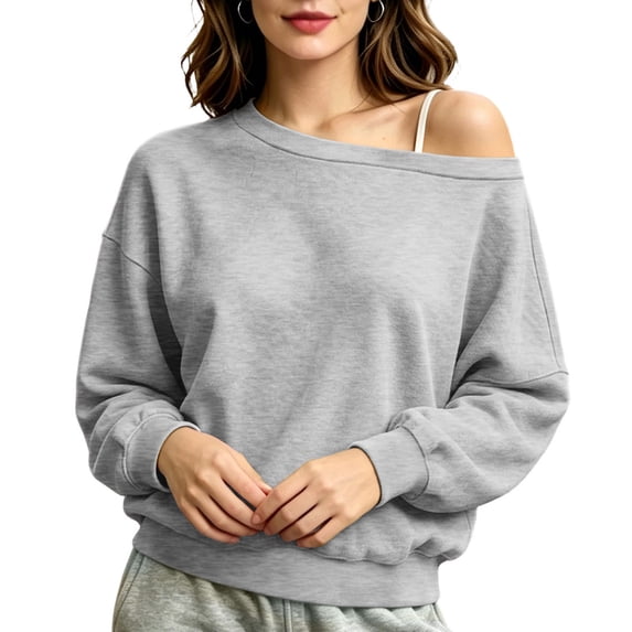Nugftut Sweatshirts for Women Off Shoulder Fleece Crewneck Casual Long Sleeve Shirts Loose Fit Tops