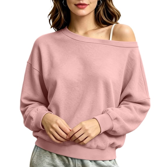 Nugftut Sweatshirts for Women Off Shoulder Fleece Crewneck Casual Long Sleeve Shirts Loose Fit Tops