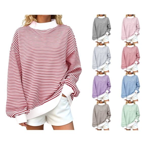 Nugftut Sweatshirts for Women Plus Size Striped Pullover Tops Oversized Round Neck Long Sleeve Turtleneck Sweatshirts
