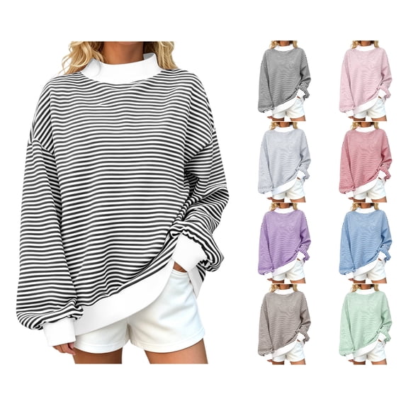 Nugftut Sweatshirts for Women Plus Size Striped Pullover Tops Oversized Round Neck Long Sleeve Turtleneck Sweatshirts