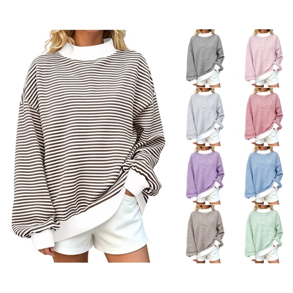 Nugftut Sweatshirts for Women Plus Size Striped Pullover Tops Oversized Round Neck Long Sleeve Turtleneck Sweatshirts