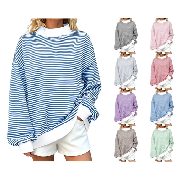 Nugftut Sweatshirts for Women Plus Size Striped Pullover Tops Oversized Round Neck Long Sleeve Turtleneck Sweatshirts