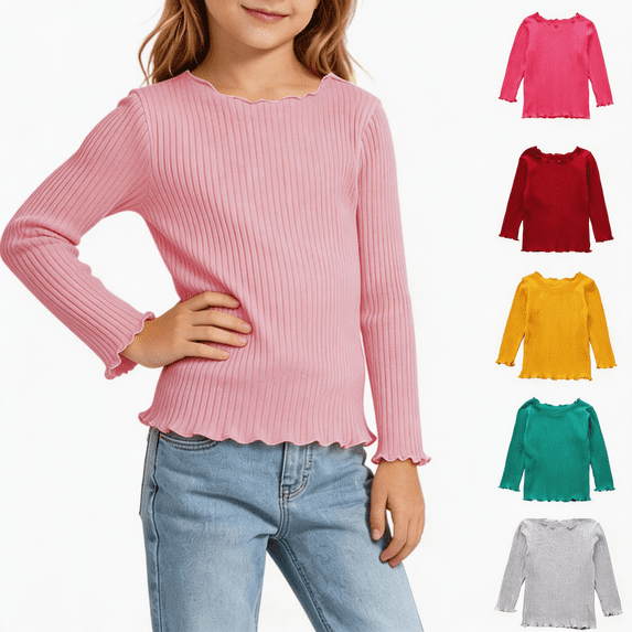 Nugftut Toddler Girls Thermal Tops Ruffled Crew Neck Base Layer Thermal Tops Warm Thermal Shirts Size 12-14 Months