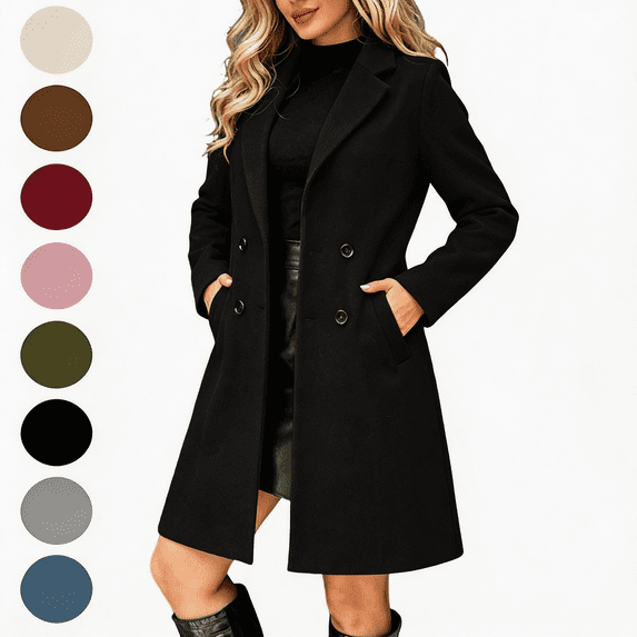 Nugftut Trench Coats for Women Mid-Length Double Breasted Classic Lapel Warm Fall Winter Coats with Pockets
