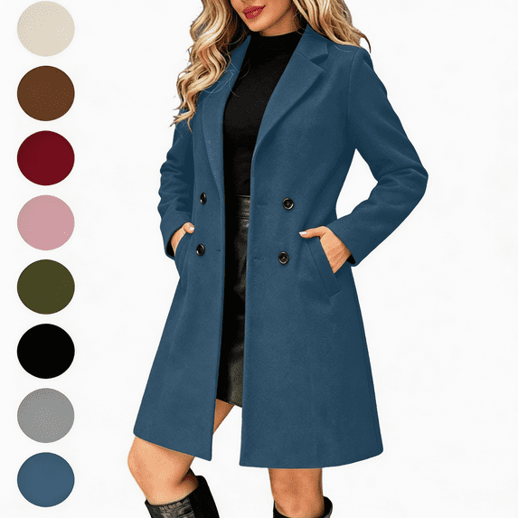 Nugftut Trench Coats for Women Mid-Length Double Breasted Classic Lapel Warm Fall Winter Coats with Pockets