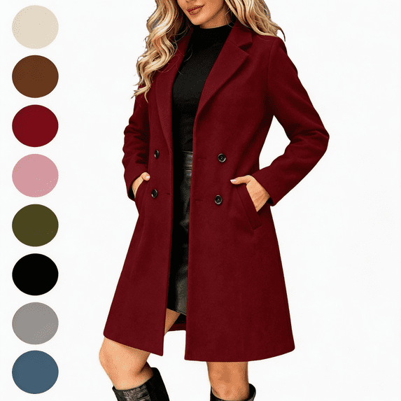 Nugftut Trench Coats for Women Mid-Length Double Breasted Classic Lapel Warm Fall Winter Coats with Pockets