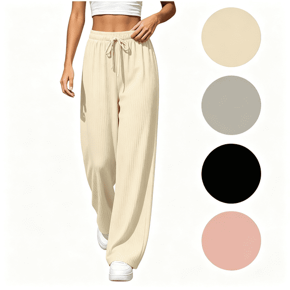 Nugftut Wide Leg Pants for Women Flowy Drawstring High Waist Palazzo Beach Vacation Trousers