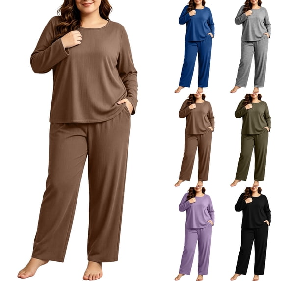 Nugftut Women Plus Size Pajama Sets Long Sleeve Top and Wide Leg Pants 2 Piece Soft Lounge Pjs Summer Fall Loungewear