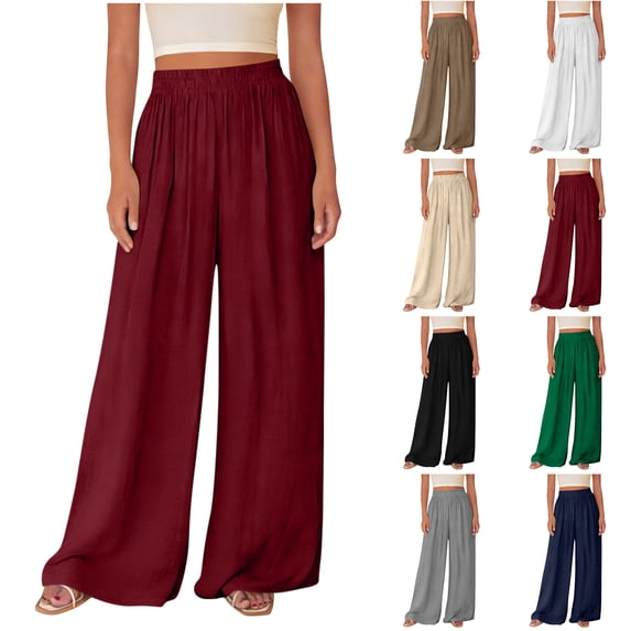 Nugftut Womens Wide Leg Pants High Waist Pants Flowy Casual Loose Summer Vacation Lounge Trousers