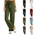 thumbnail image 1 of Nugftut Women's Cotton Linen Wide Leg Pants with Lace Trim Drawstring Elastic High Waist Flowy Trousers with Pockets Summer Beach Vacation, 1 of 6