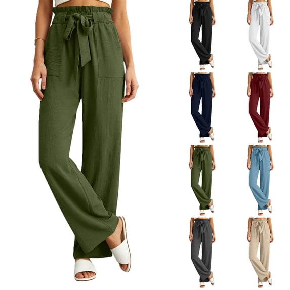 Nugftut Women's Cotton Linen Wide Leg Pants with Lace Trim Drawstring Elastic High Waist Flowy Trousers with Pockets Summer Beach Vacation