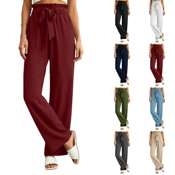 Nugftut Women's Cotton Linen Wide Leg Pants with Lace Trim Drawstring Elastic High Waist Flowy Trousers with Pockets Summer Beach Vacation