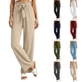 thumbnail image 1 of Nugftut Women's Cotton Linen Wide Leg Pants with Lace Trim Drawstring Elastic High Waist Flowy Trousers with Pockets Summer Beach Vacation, 1 of 6