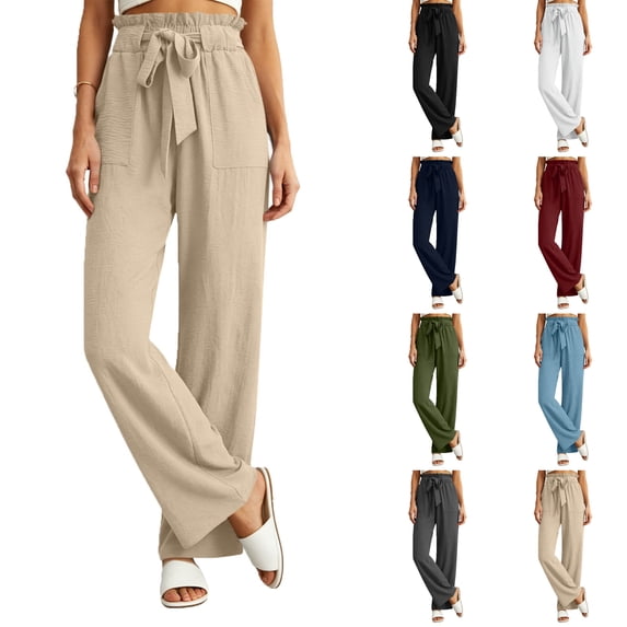 Nugftut Women's Cotton Linen Wide Leg Pants with Lace Trim Drawstring Elastic High Waist Flowy Trousers with Pockets Summer Beach Vacation