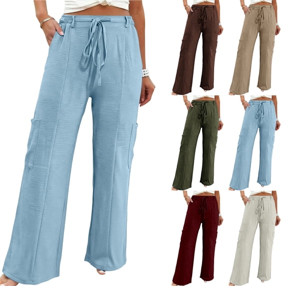 Nugftut Women's Drawstring Wide Leg Pants with Pockets Relaxed Lounge Trousers for Casual Travel