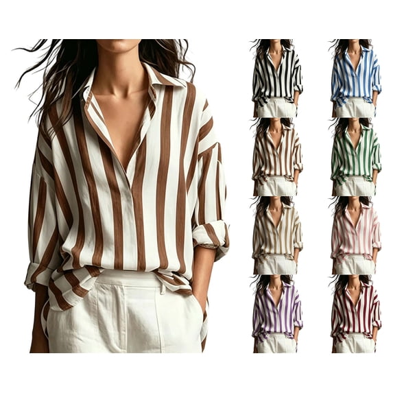 Nugftut Tops for Women Striped Button Down Shirts Long Sleeve Lapel Blouses Casual Basic Tops