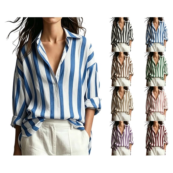 Nugftut Tops for Women Striped Button Down Shirts Long Sleeve Lapel Blouses Casual Basic Tops