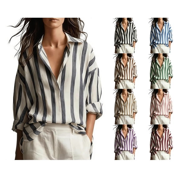 Nugftut Tops for Women Striped Button Down Shirts Long Sleeve Lapel Blouses Casual Basic Tops