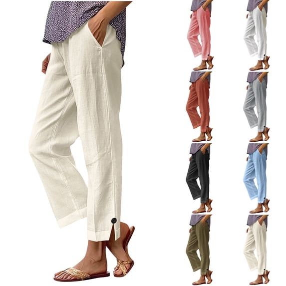 Nugftut Wide Leg Pants for Women Cotton Linen Blend Pants Elastic Waist Casual Trousers with Pockets